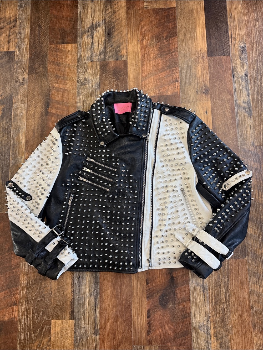 Azalea Wang Black & White Studded Spiked Faux Leather Moto Jacket Plus Size 1X